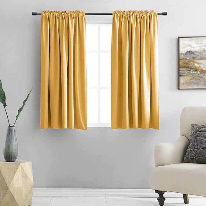 DONREN 48 Inch Length Short Curtains for Kitchen - Small Window Treatment Rod Pocket Blackout Curtain Drapes (1 Pair,Glod Yellow,52 Inches Wide by 48 Inches Long)