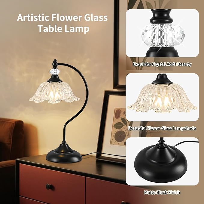 Table Lamp for Bedroom,Crystal Glass Beside Lamp,Plug in Dimmable Black Lamp Flower Nightstand Lamp for Living Room, Office, Desk, Home Decor