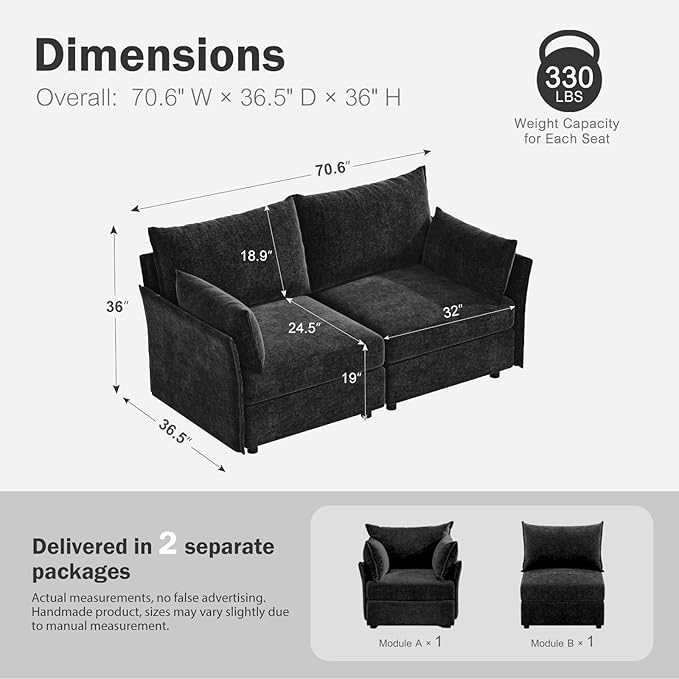 ABCASA Oversized Loveseat Sofa, Modern Modular Sectional Couch Black Fluffy Chenille Mid Century 2-Seat 24.5" Deep Seat for Apartment, Living Room, Bedroom