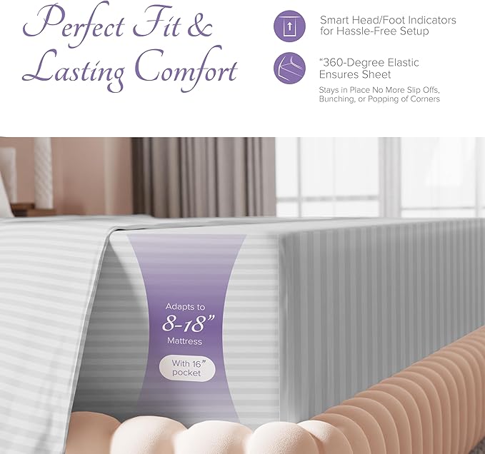 Carressa Linen Luxury Egyptian Cotton Queen Stripe Sheet Set, 600 Thread Count Extra Long Staple 4 PC Set, Queen Damask Sheets, Soft, Cooling Sateen Weave Sheets Upto 18" Deep Pocket - Silver