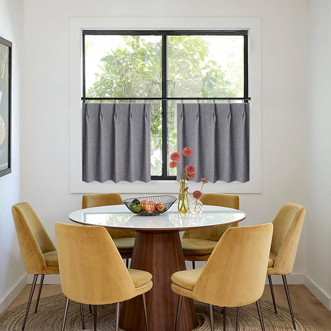 WdFour 42" W x 45" L Inch Pinch Pleated Blackout Cafe Curtains - Pack of 2, 100% Light Blocking Back Tab Drapes for Half Windows, Kitchen & Bathroom Short Curtains in(Dark Gray,Pack of 2)