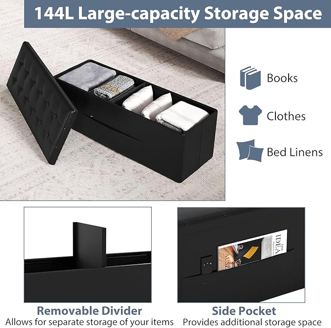 Giantex 43 Inches Folding Storage Ottoman Bench, Upholstered PU Leather Storage Chest with Side Pocket, Padded Seat, End of Bed Bench, Collapsible Ottoman Foot Rest for Living Room, Bedroom & Entryway