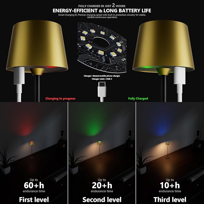 Modern LED Color-Changing Cordless Table lamp, 7 Colors, metal Shade, Touch control with sleep mode for Restaurant, Bedroom, Outdoor Camping, Night Light, Rechargeable (Antique Brass&Black 1 PACK)