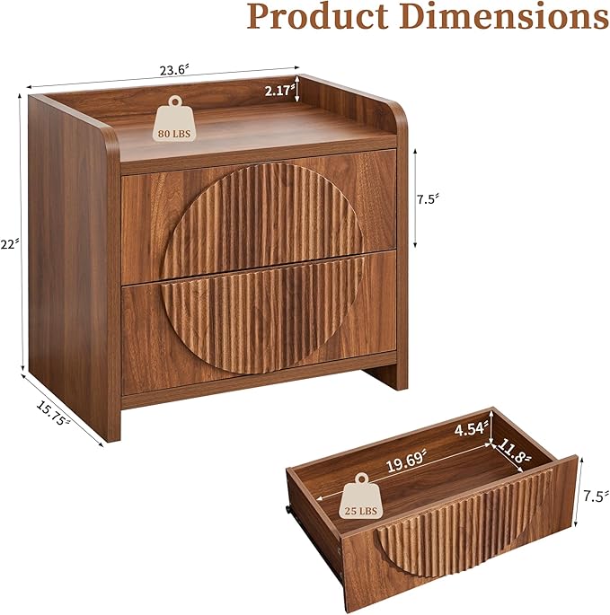 Turtle&Myrtle 24 Inch Wide Fluted Nightstands, Large Night Stand with 2 Drawers, Mid Century Modern Bedside Table End Table with Storage for Bedroom Living Room Office (Walnut)