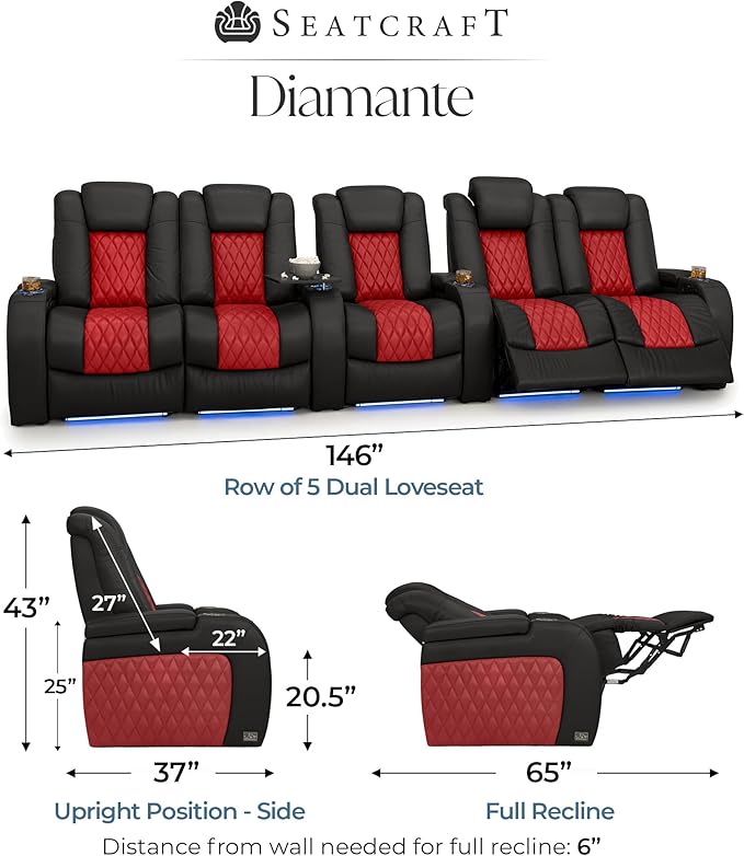 Seatcraft Diamante Zero-Gravity CoolZero Italian Leather Home Theater Seating, Power Headrest, Power Recline, Row of 5 Dual Loveseats, Black/Red