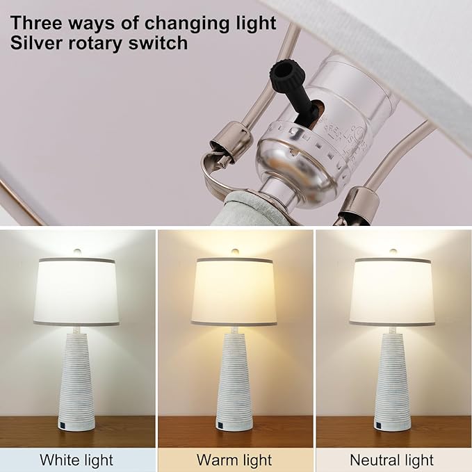Terpsichore Nightstand Lamp Desk Lamp Vintage Bedside Lamps Set of 2 Rustic Farmhouse Table Lamps 3 Way Dimmable Light,Suitable for Living Room Bedroom,with Linen Shade LED Bulb,USB A+C Port