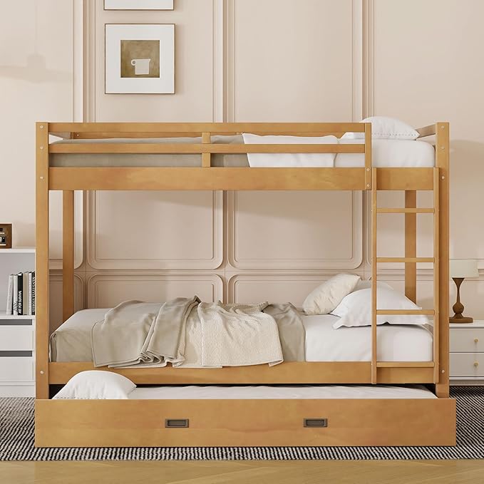 Bellemave Queen Over Queen Size Bunk Bed with Trundle for Kids/Adults,Solid Wood Bunk Bed Frame Queen Size with Ladder & Safety Guardrails,Wood Color