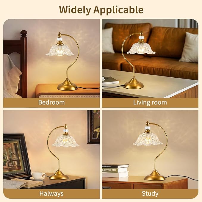 Vintage Table Lamp with a Floral Clear Glass Shade, A Plug-in Nightstand Lamp in Matte Brass Finish for Bedroom, Living Room,Office, and Desk