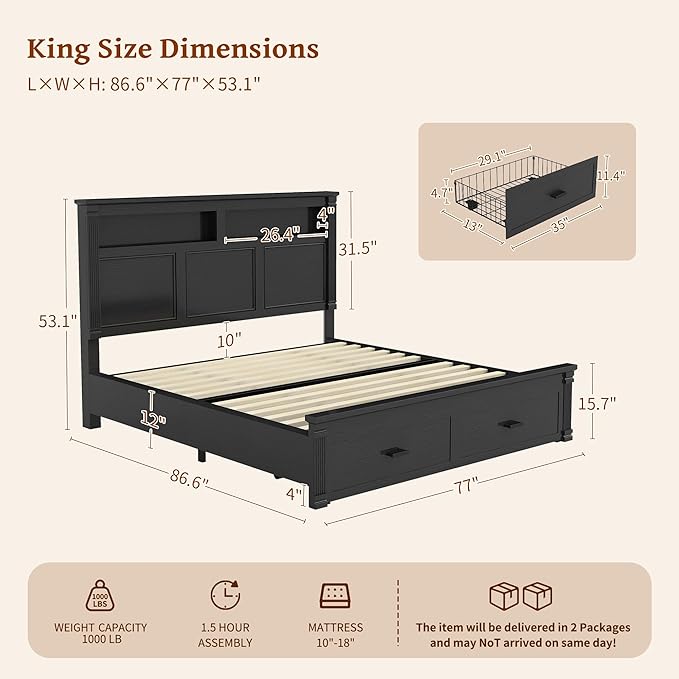 53" Tall King Bed Frame with Headboard and Storage, 2 Drawers and LED Built in Charging Station Bed Frame King Size with Farmhouse Roman Column Decoration,No Box Spring Needed (Black)