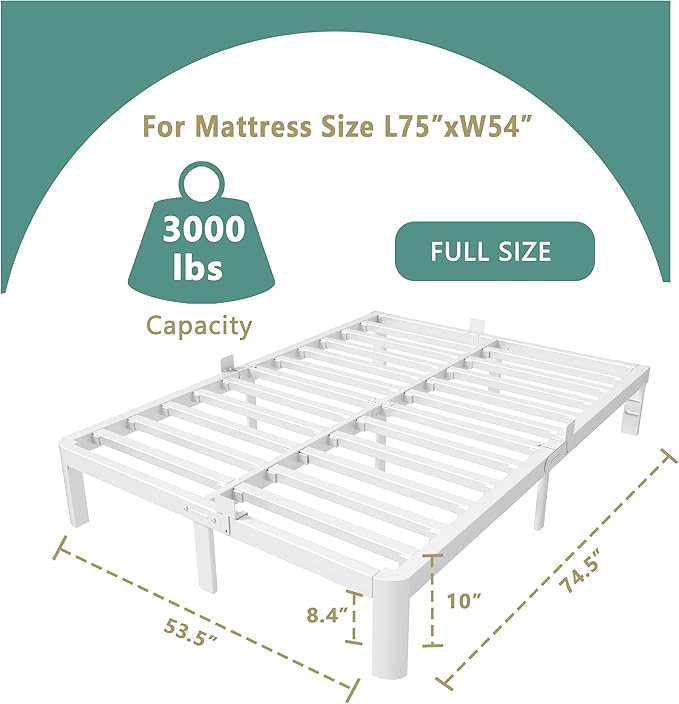 ITIMIDI 10 Inch Full White Bed Frames with Metal Gaskets,Metal Platform Bed Frame Full Size, Heavy Duty Steel Support 3000 LBS, No Box Spring Needed, Anti-Slip Mattress Stopper, Easy Assembly