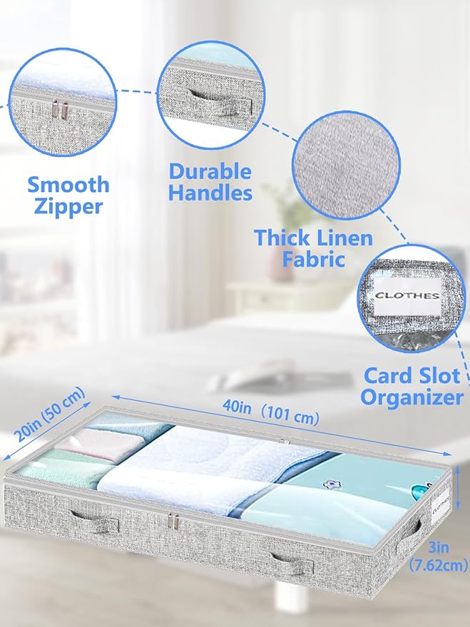 Low Profile Under Bed Storage, 3-Inch High Foldable Underbed Storage Bins with Lid & Zipper, No Structure, Super Slim Clothes Organizer for Crib Dorm Couch Low Bed, 6-Pack, Clear Top