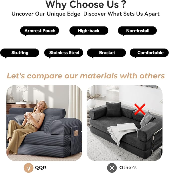 Upgrade High Backrest Design Sofa Bed with Fixed-Shape Frame & Removable Armrests and Backrest, Corduroy Fabric, Convertible Couch for Small Spaces - No Assembly Needed (High Backrest Dark Gray)