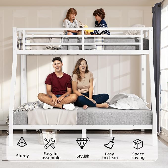 Twin Over Full Bunk Bed Frame, Heavy Duty Metal Loft Bed for Adults/Teens, 250/350LB Capacity w/Ladder & Guardrail, Noise-Free Steel Slats, No Box Spring Required, White