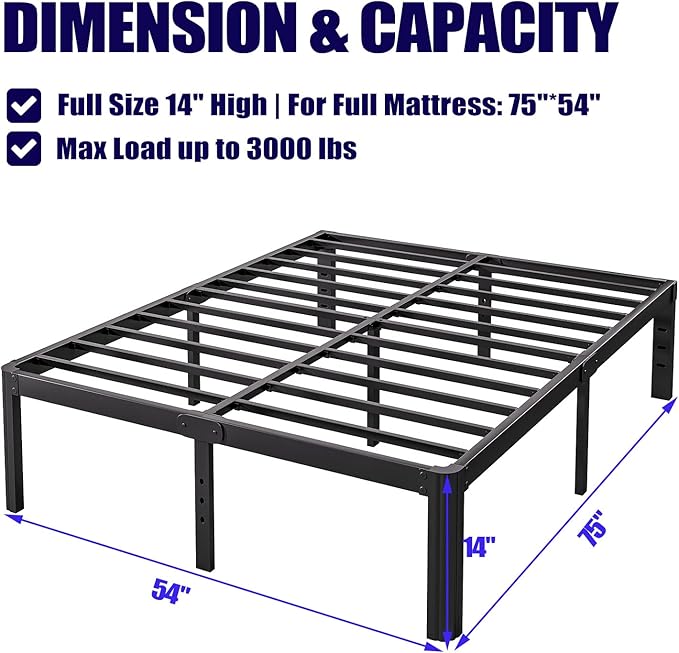 Hunlostten 14in Full Size Bed Frame No Box Spring Needed, Heavy Duty Metal Platform Bed Frame Full with Round Corners, Easy Assembly, Noise Free, Black