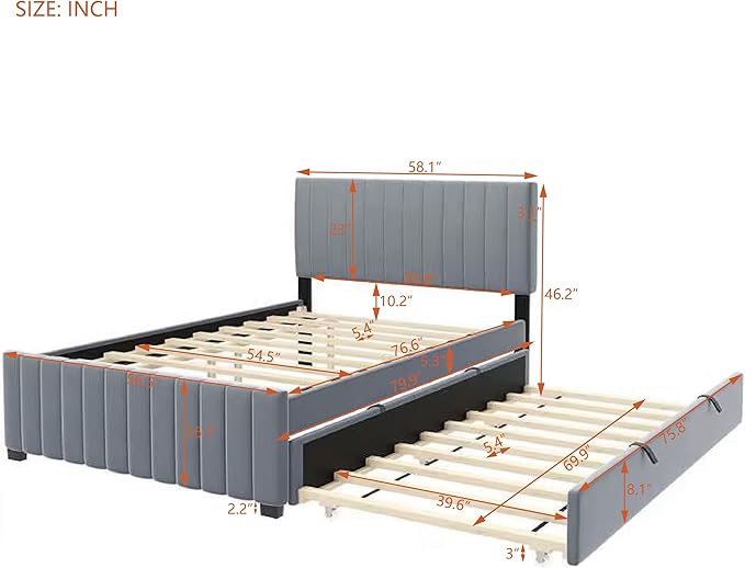 Full Bed Frame with Trundle Bed,Velvet Upholstered Platform Bed Frame,Full Size Trundle Bed with Headboard for Kids Teens Adults(Gray)