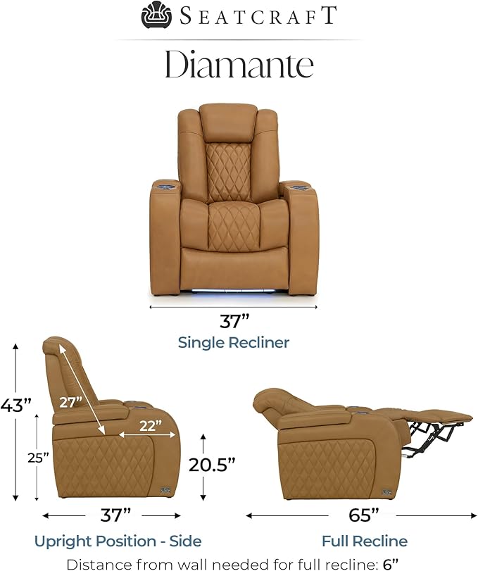 Seatcraft Diamante Zero-Gravity CoolZero Italian Leather Home Theater Seating, Power Headrest, Power Recline, Single Recliner, Tan Oak