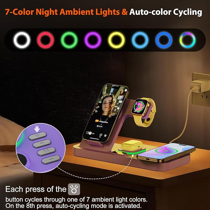 Dual Phone Magnetic Wireless Charging Station for Apple Devices/Apple Ecosystem,with Auto-Switch 7-Color Light & Clock, Compatible with iPhone 17/16/15, for iWatch 11/10/9 & AirPods Pro3（Puple
