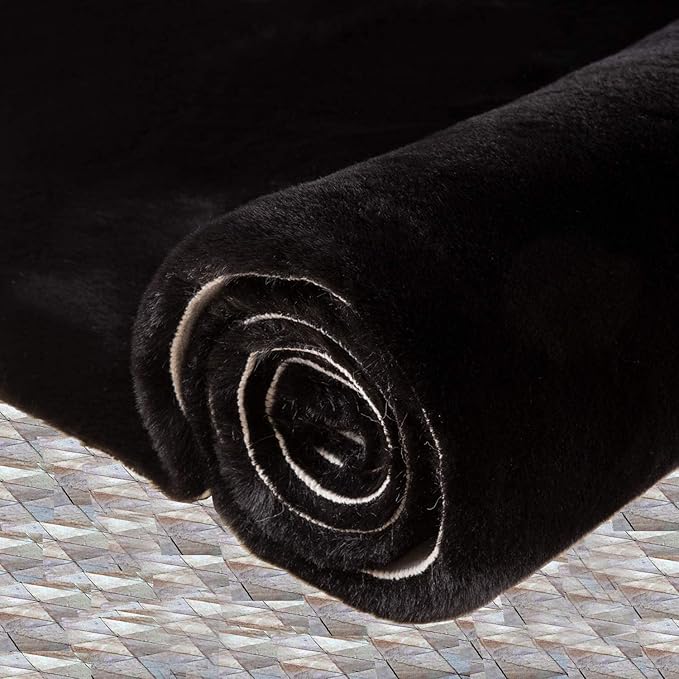 Black Shag Washable Fluffy Fur Area Rugs for Bedroom Living Room Faux Rabbit Fur Nursery Rug 2x6 Cute Shaped Rug Room Décor