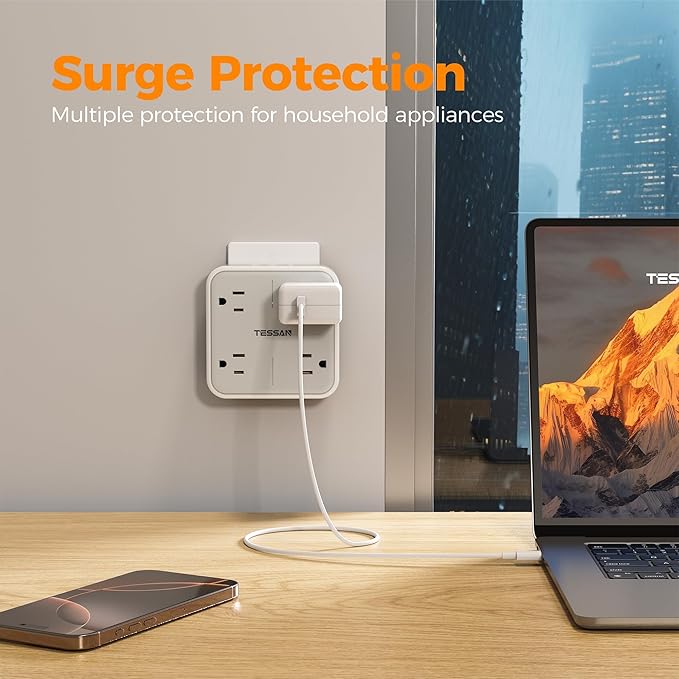 Multi Plug Outlet Extender, TESSAN Surge Protector Splitter with 3 USB (1 USB C Port) Wall Charger, Multiple Expander for Travel, Home, College Dorm Room