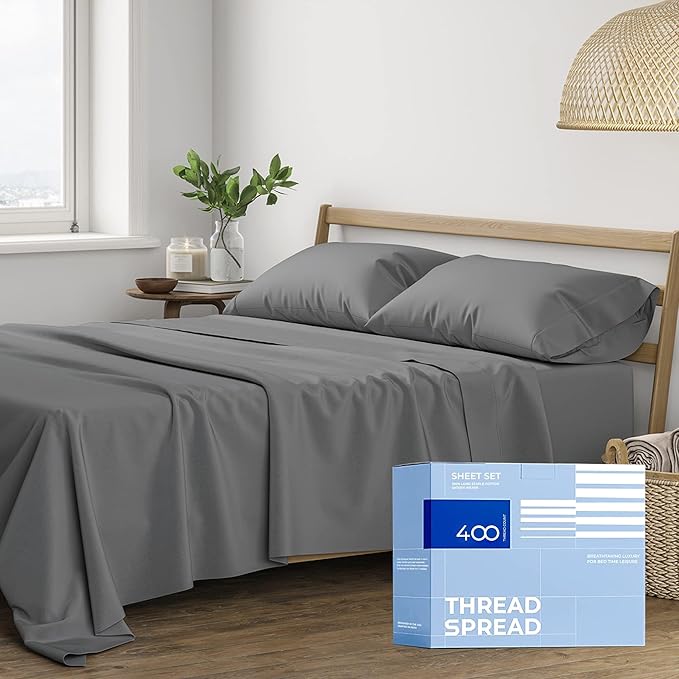 THREAD SPREAD 100% Cotton Queen Sheets Set - 400 Thread Count Queen Size Sheets (4 PC, Dark Grey), 16" Deep Pocket All Around Elastic, Soft, Cooling, Durable & Breathable Sateen Weave Bed Sheet Set