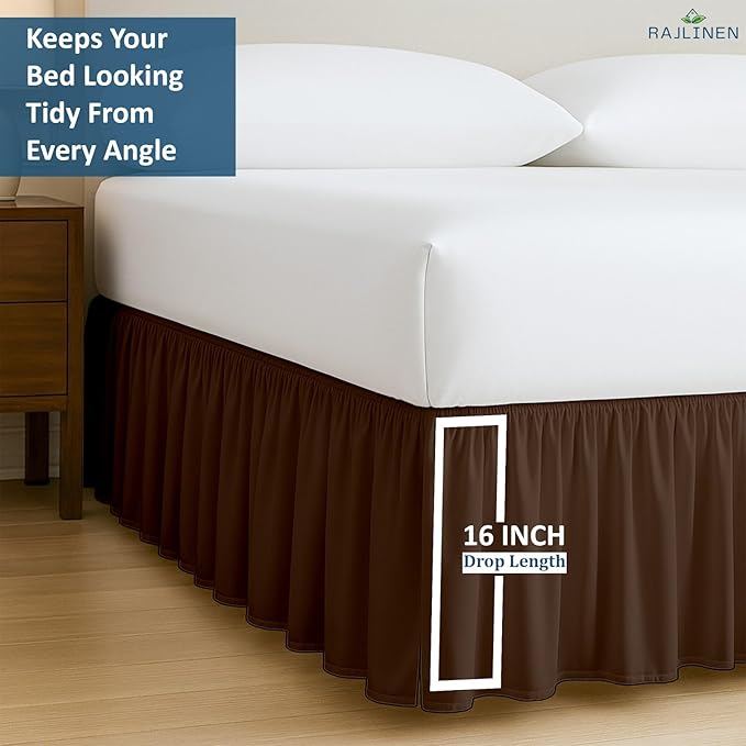 Rajlinen Ruffled Bed Skirt Queen, 16 Inch Drop Dust Ruffle with Split Corners, 100% Microfiber Bedskirt with Platform, Three-Sided Coverage Ruffled Gathering Design, Chocolate