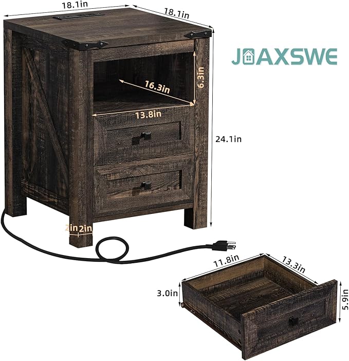 Joaxswe Nightstands Set of 2 with Charging Station, Farmhouse Night Stand with 2 Drawers and Shelf Storage, Wooden Side End Table, Bedside Cabinet for Bedroom, Living Room, Closet,Office (Dark Drey)