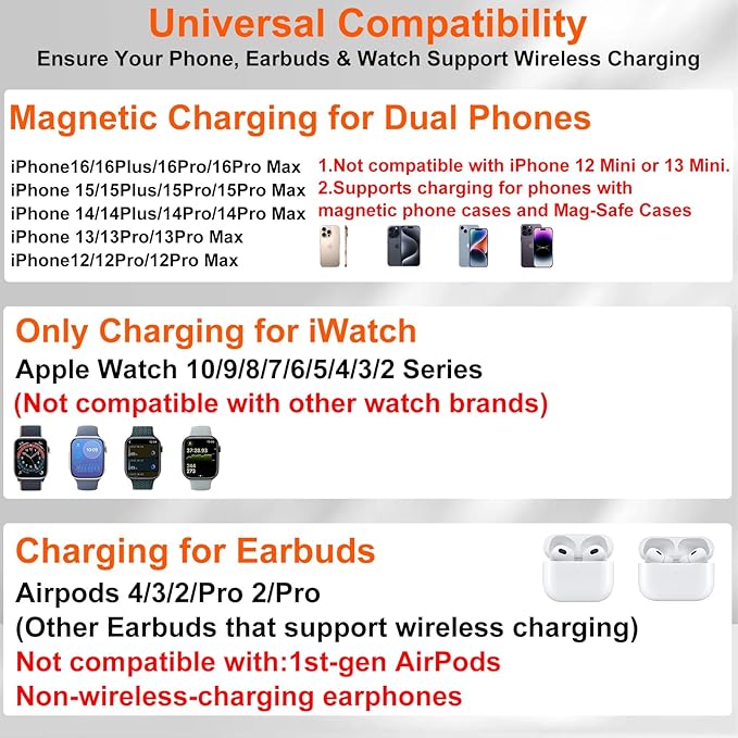 Dual Phone Magnetic Wireless Charging Station for Apple Devices/Apple Ecosystem,with Auto-Switch 7-Color Light & Clock, Compatible with iPhone 17/16/15, for iWatch 11/10/9 & AirPods Pro3（Black