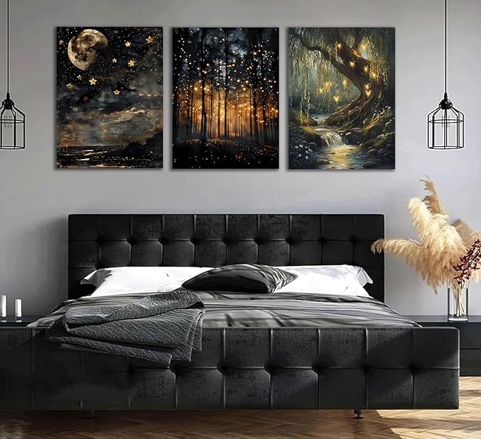 RYZopmuy Forest Wall Art Set – 3 Framed Moon & Fireflies Canvas Prints, Calming Nature-Inspired Décor for Modern Homes