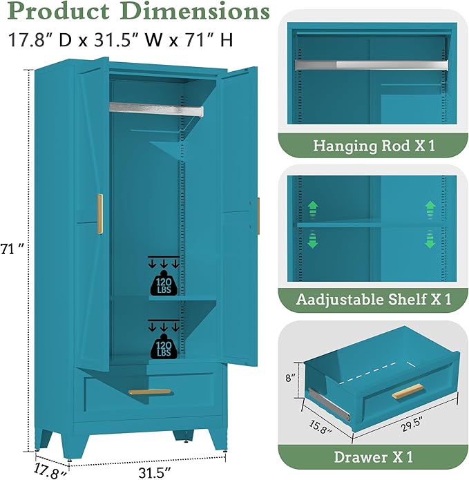 71" Tall Metal Armoire Wardrobe Closet with Removable Hanging Rod and Doors,Blue Armoire Wardrobe Cabinet for Garage Laundry Room Office