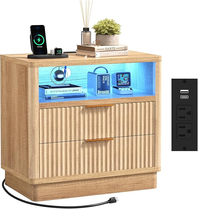 ELYKEN Wood Fluted Nightstand with Charging Station & LED Light, 24" Wide Night Stand for Bedroom, LED 2 Drawer Bedside Table with Power Outlet