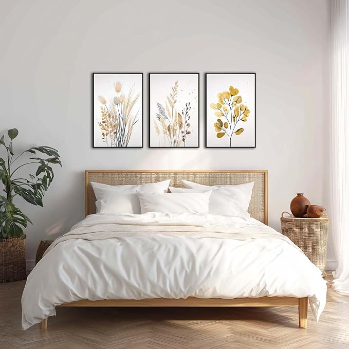 YCJKJDZ Framed Beige Botanical Canvas Wall Art Set of 3, Boho Watercolor Wildflower Pampas Grass Poster Neutral Leaf Art Fall Nature plant Prints for Living Room, Bedroom, Office, – 16x24 in