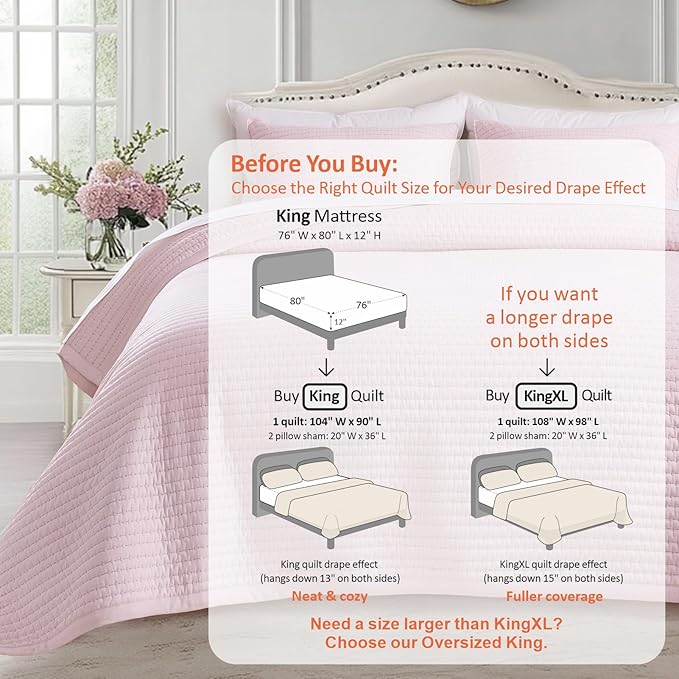 KASENTEX King Quilt Set 104"x90" – Soft Washed 3-Layer Lightweight Bedspread, Minimalist Nordic Design, All-Season Spring & Summer Quilt Set (1 Quilt + 2 Pillow Shams), Pink