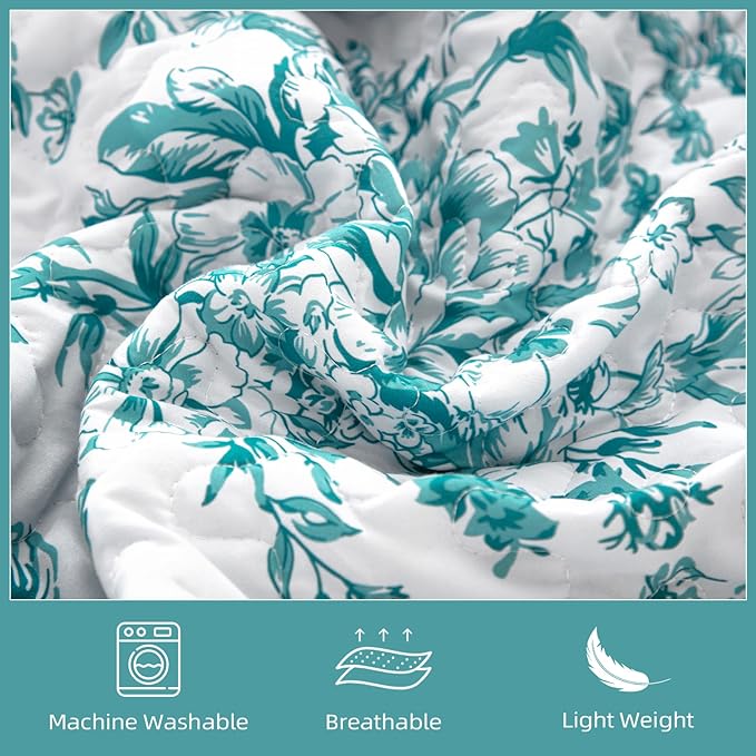 WONGS BEDDING Quilt King Size, Teal Quilt Bedding Set with 2 Pillowcases, Botanical Quilt for King Bed, Soft Microfiber Lightweight Coverlet Bedspread for All Season (110"×90", 3 Pieces)