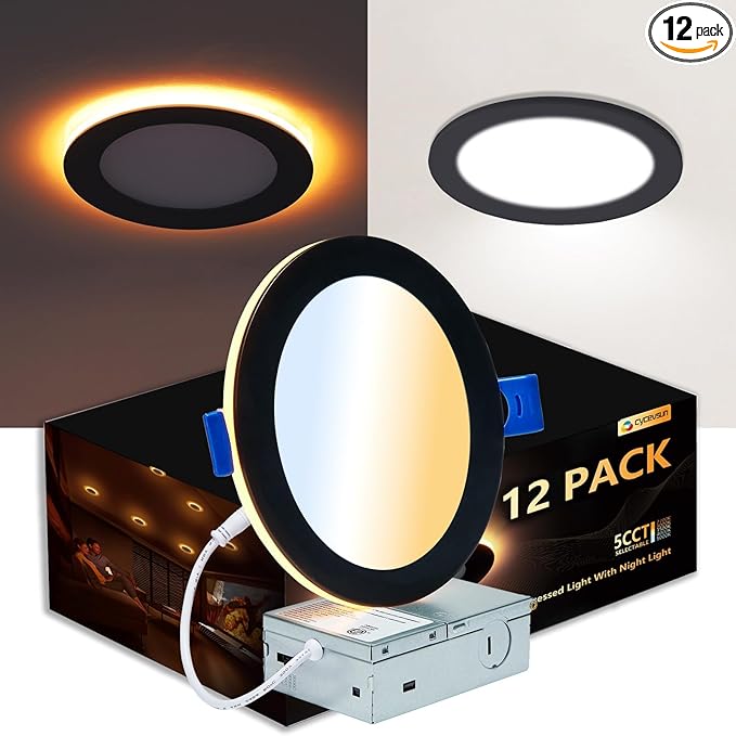 CycevSun 8 Inch LED Black 12 Pack Recessed Lights with Night Light, Canless Wafer Downlight Ultra Thin, Dimmable & 5CCT Selectable, 15W, 1350LM, ETL, 120-277V