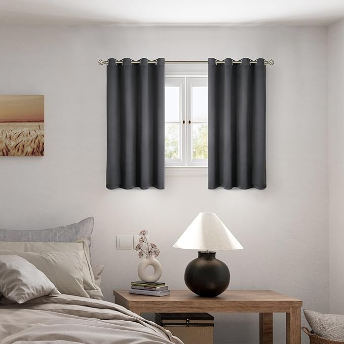 BGment Short 100% Blackout Curtains for Bedroom, Thermal Insulated Energy Efficiency Noise Reducing Grommet Curtains 45 Inch Length with Liner for Small Window 2 Panels Each 52 Inch Wide, Dark Grey