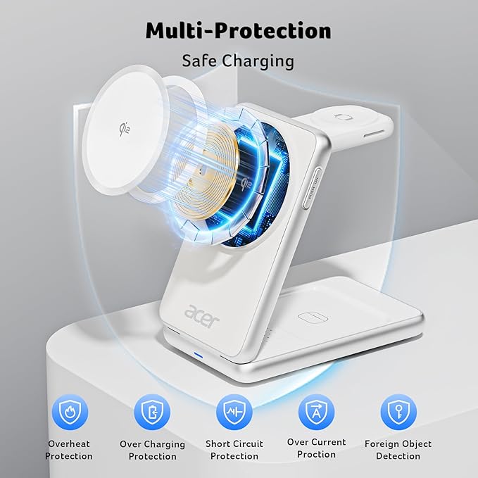 Acer 3 in 1 Charging Station for iPhone, Wireless Charger Stand,15W Fast MagSafe Charger for iPhone 17 16 15 14 13 12 Series-Apple Watch 10 9 8 7 6 5 4 3 2 SE and Ultra Series-Airpods 4 3 2 Pro Series