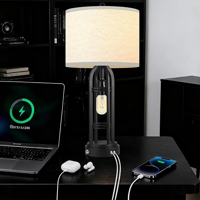 Black Table Lamps, Table Lamp with USB Port, 3 Color Temperatures, Stepless Dimming, Bedside Lamps, Bedroom Lamps, Farmhouse Lamps for Living Room(Bulbs Included)
