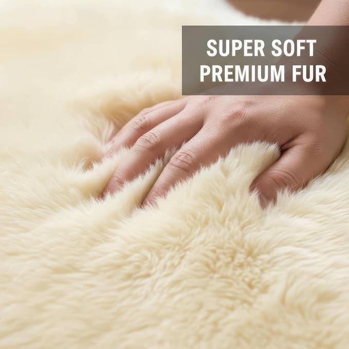 Premium Genuine Sheepskin Rug 4x6 ft, Real Fluffy Quad Pelt, Natural Fluffy Fur Area Rug for Living Room, Bedroom & Home Decor - Champagne Color