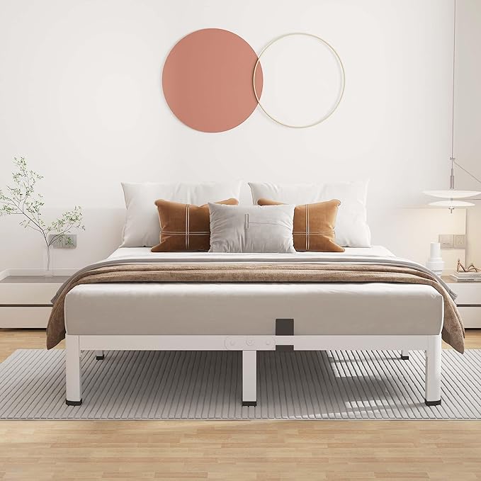 ROIL 7 Inch White Queen Bed Frame with Rounded Corner and Mattress Retainers, 3500LBS Heavy Duty Steel Slats No Box Spring Needed Platform Noise-Free Easy Assembly