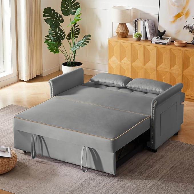 57'' Convertible Sleeper Sofa Bed with Adjustable Backrest, Chaise Lounge, 2 Pillows & Side Storage Pockets – Stylish & Functional Furniture for Living Room or Small Spaces (Grey Sofa Bed)