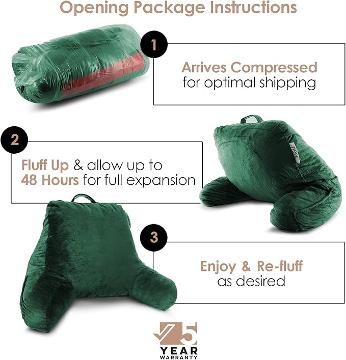 Nestl Reading Pillow with Shredded Memory Foam, Designed for Sitting Up in Bed and Couch, Back and Arms Adjustable Support for Adult & Teens Backrest Pillows for Reading with Washable Cover Dark Green
