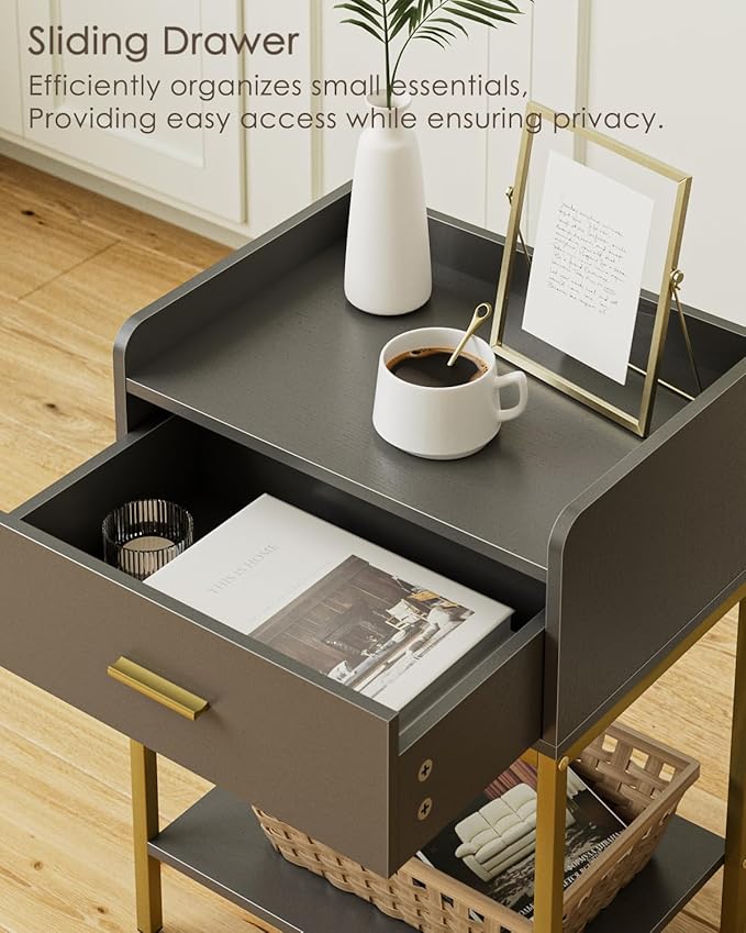 Masupu Gray Nightstand,3-Tier Modern Bedside Table Night Stand with Storage Drawer and Shelf,Small End Side Table for Bedroom,Living Room,(Without Outlet,)