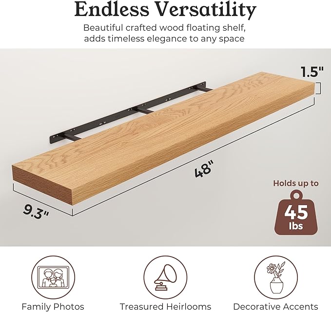 Floating Shelves for Wall, 9.3" Deep Wall Mounted Wood Shelves for Bathroom, Bedroom, Living Room, Kitchen, Hanging Shelf for Books/Storage/Room Decor (Oak, 48")