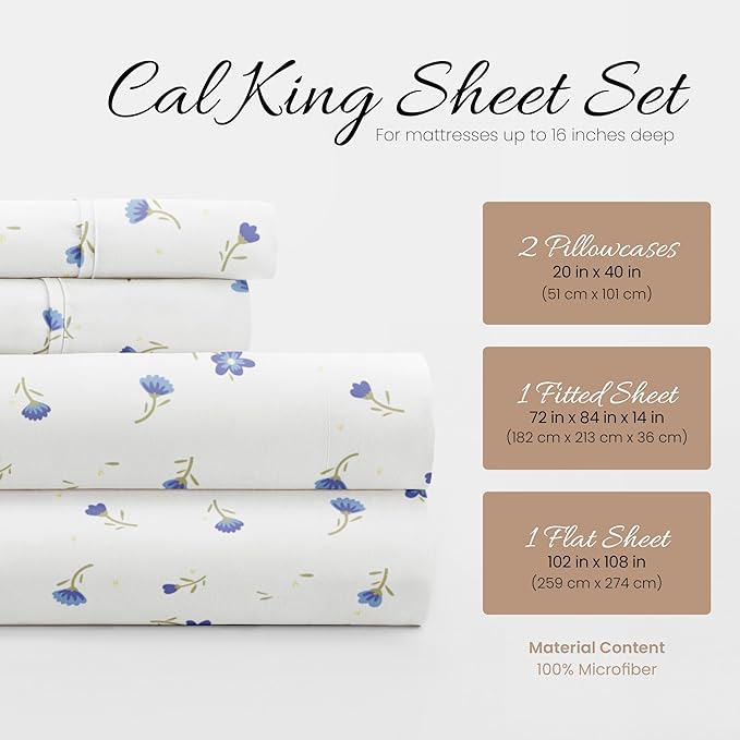 Linen Market Double-Brushed Patterned Microfiber California King Sheet Set 4 Piece – Oeko-TEX Certified Ultra Soft & Wrinkle-Free - 16" Deep Pocket Sheets Easy Care Cal-King Size - Soft Floral Blue