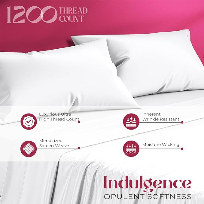 Mayfair Linen 100% Egyptian Cotton Full Size Bed Sheets - Luxury 1200 Thread Count Egyptian Cotton Sheets Full Size Bed Set (4 PC, White), Silky Soft, Cooling, 17" Deep Pocket Sateen Weave Bedding