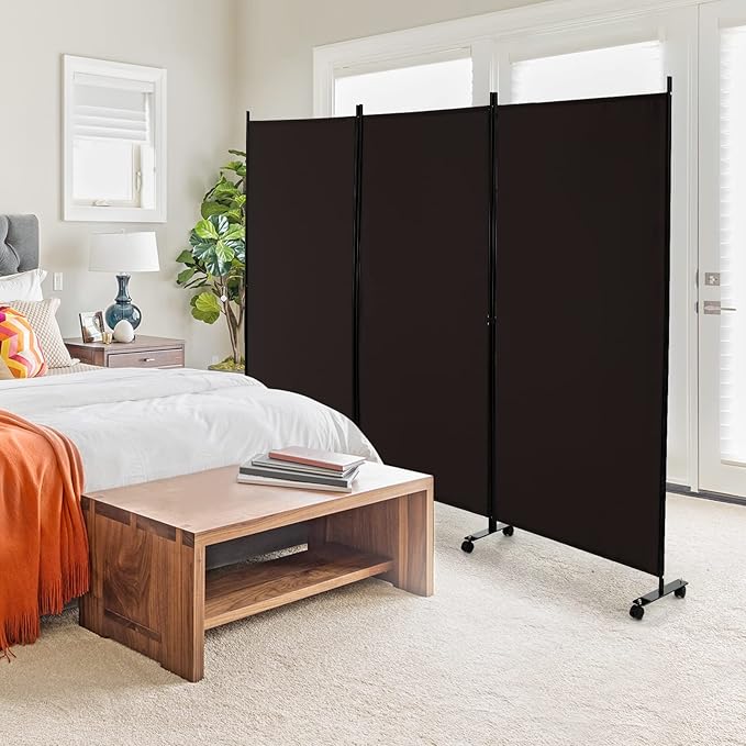 GOFLAME 3 Panel Folding Room Divider, 6FT Rolling Privacy Screen with Lockable Wheels, Portable Room Partition Screen, Freestanding Wall Divider and Separator for Home Office, Brown