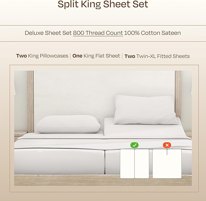 California Design Den Split King Sheets Sets for Adjustable Bed, Soft 800 Thread Count Sateen, 100% Cotton Set, Includes Twin XL Fitted Sheets - True Ivory