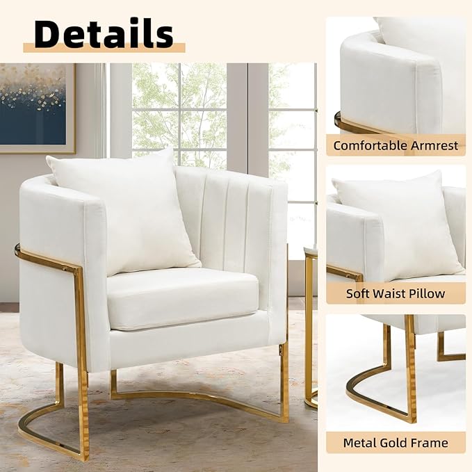 Velvet Accent Chairs Set of 2, Mid Century Modern Upholstered Barrel Armchair with Pillow for Living Room, Comfy Single Club Chair with Metal Gold Legs for Bedroom, White