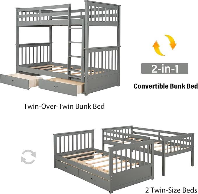 Merax Wood Bunk Bed with Drawers,Convertible Wood Bunk Bed with Ladders and Two Storage Drawers,Solid Wood Detachable Bunk Bed Frame with Ladders,Twin Over Twin Size,Grey
