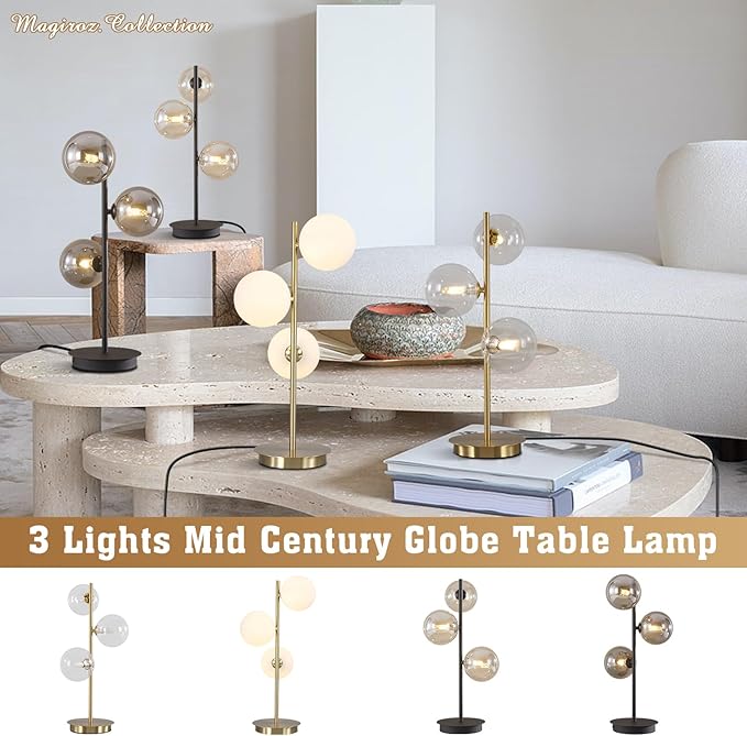 Glass Table lamp Gold,3-Globe Table lamp Tall,Reading Lamp for Bedroom Living Room Study Room